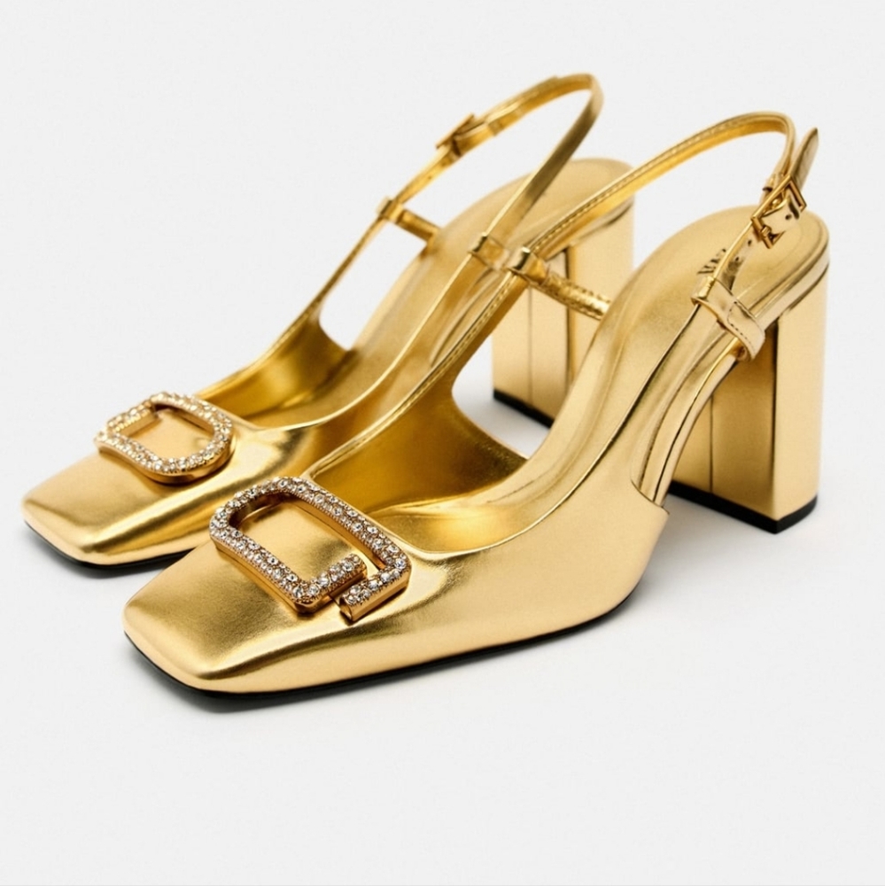 Zara Embellished block heel slingback shoes